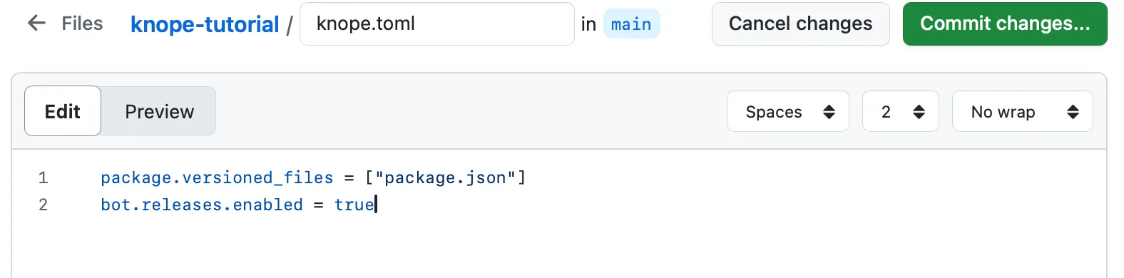 The GitHub file editor creating knope.toml